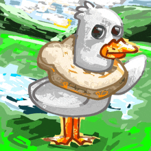 a cartoon drawing of a duck wearing a snake around its neck