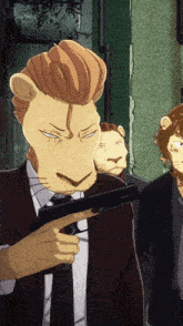 a man with a lion head on his face holding a gun
