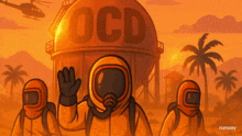 a cartoon of a man in a hazmat suit standing in front of a building that says ocd