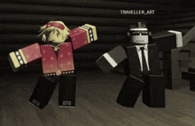 two roblox characters are standing next to each other with the name traveller_art on the bottom right
