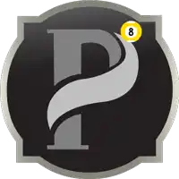 a black and silver logo with the letter p and a pool ball with the number 8 on it