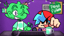 a cartoon drawing of a boy and a girl with the words torajo funkin on the bottom