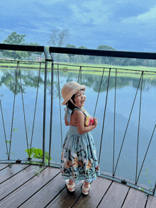 a little girl wearing a blue dress and a hat stands on a deck overlooking a lake