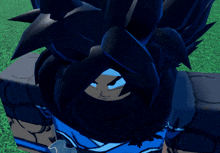 a close up of a cartoon character with black hair and a blue shirt