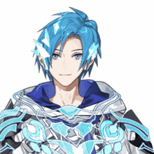 a boy with blue hair is wearing a blue and white armor