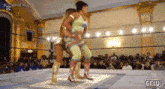 two women are wrestling in a wrestling ring while a crowd watches .