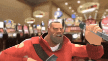 a cartoon character in a red jacket with the letter t on his chest
