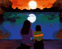 a cartoon of two people looking at a full moon over a lake