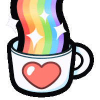 a cup of coffee with a heart and rainbow coming out of it