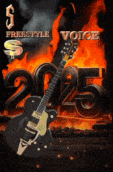 a guitar is on a poster that says ' freestyle voice ' on it