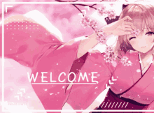 a girl in a pink kimono is surrounded by pink flowers and the words welcome