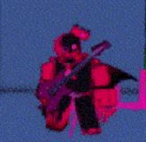a red robot is holding a sword and a gun in a pixel art .
