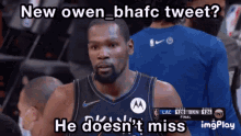 a man in a basketball uniform says new owen_bhafc tweet