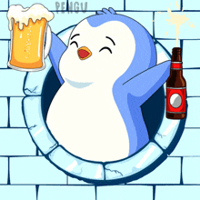 a penguin holding a beer mug and a bottle with the word pengu on the bottom