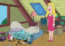 a cartoon of a woman standing next to a bed with a milk carton on it
