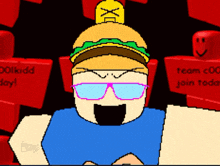 a cartoon character with a hamburger on his head and sunglasses