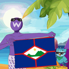 a man with a w on his head is holding a flag on a beach