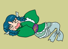 a cartoon drawing of a mermaid with a purple ribbon around her waist and a fish tail