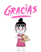 a cartoon girl holding a pizza box with the word gracias written above her