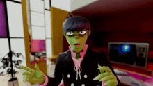 a cartoon character with green eyes and blue hair is standing in a room and talking to someone .