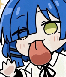 a cartoon character with blue hair sticking out her tongue