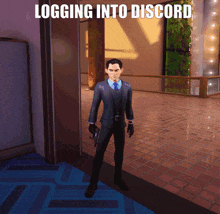 a man in a suit and tie is standing in a hallway with the words logging into discord below him