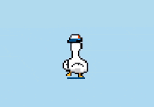 a pixel art of a duck wearing headphones and a headband on a blue background .