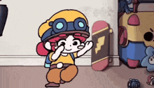 a cartoon character is standing in a room with a skateboard in the background .