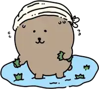 a cartoon drawing of a brown bear wearing a white towel on its head
