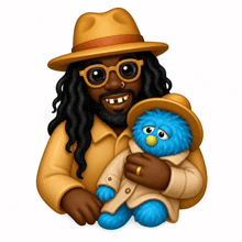 a cartoon man holding a blue stuffed animal