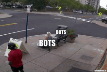 a woman sits on a bench at the corner of a street with the words " bots " above her