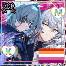 a picture of a couple of anime characters with the letter m in a heart