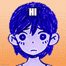 a pixel art drawing of a boy with blue hair and the word hi on his head .