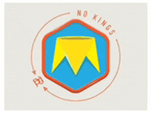 a blue hexagon with a yellow triangle in the middle and the words no kings on the bottom