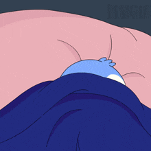 a penguin laying under a blue blanket with the word penguin on the bottom