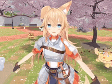 a girl in a knight 's armor is standing in a park with a dog in the background