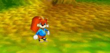 a cartoon squirrel wearing a blue shirt and blue shoes is standing in a field .