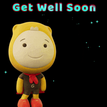a cartoon character holding a red rose with the words get well soon behind him