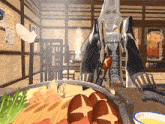 a man with long white hair is sitting at a table eating food