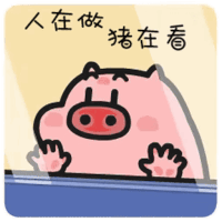 a cartoon pig is looking out of a window with chinese writing below it