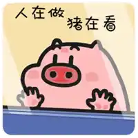a cartoon pig is looking out of a window with chinese writing below it