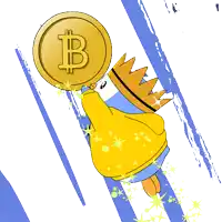 a penguin is holding a gold coin with a b on it