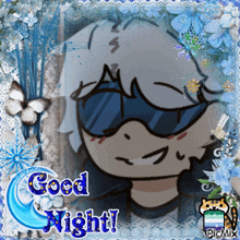 a picture of a person wearing sunglasses with the words good night on it