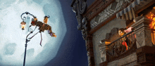 a cartoon character is flying over a balcony in front of a full moon