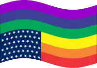 a rainbow flag with white stars on it is waving in the wind