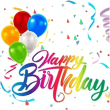 a happy birthday card with balloons and confetti on a white background