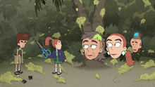 a cartoon drawing of a girl holding scissors standing next to a tree