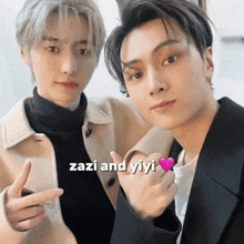 two young men are posing for a picture with the words zazi and yiyi written above them