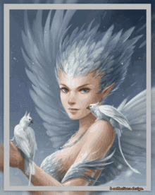 a painting of a woman with white feathers on her hair