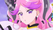 a close up of a cartoon character with pink hair